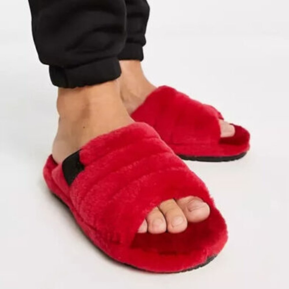 UGG Mens Fluff You Slides Slippers New $100 Dark Red Lamb WOOL Slip On 12 Mens